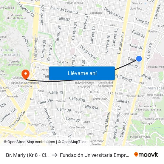 Br. Marly (Kr 8 - Cl 48) to Fundación Universitaria Empresarial map