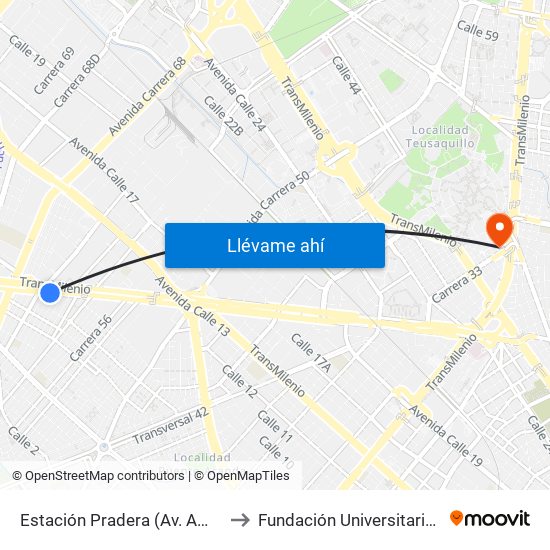 Estación Pradera (Av. Américas - Kr 65) to Fundación Universitaria Empresarial map