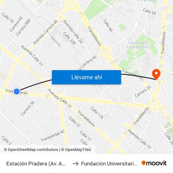 Estación Pradera (Av. Américas - Kr 65) to Fundación Universitaria Empresarial map