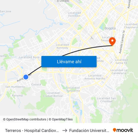 Terreros - Hospital Cardiovascular (Lado Norte) to Fundación Universitaria Empresarial map