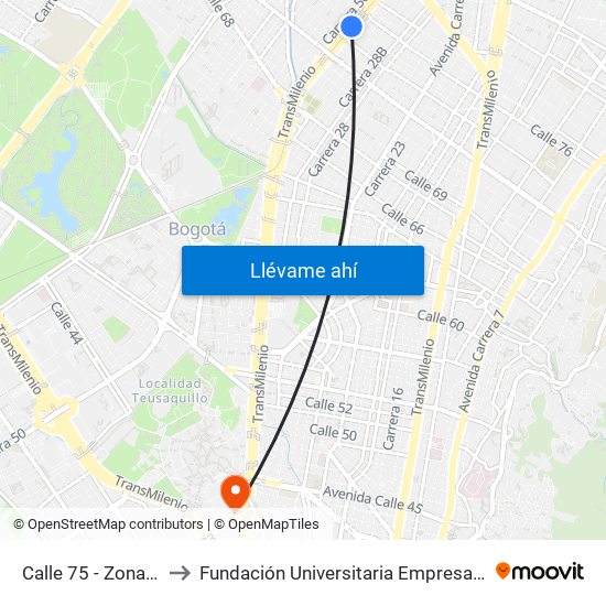 Calle 75 - Zona M to Fundación Universitaria Empresarial map