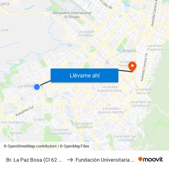 Br. La Paz Bosa (Cl 62 Sur - Kr 82c) to Fundación Universitaria Empresarial map