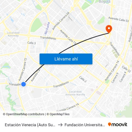 Estación Venecia (Auto Sur - Cl 44 Bis A Sur) to Fundación Universitaria Empresarial map