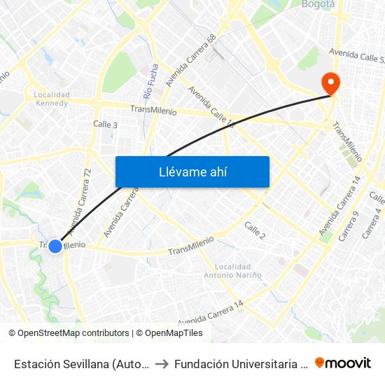 Estación Sevillana (Auto Sur - Kr 57) to Fundación Universitaria Empresarial map