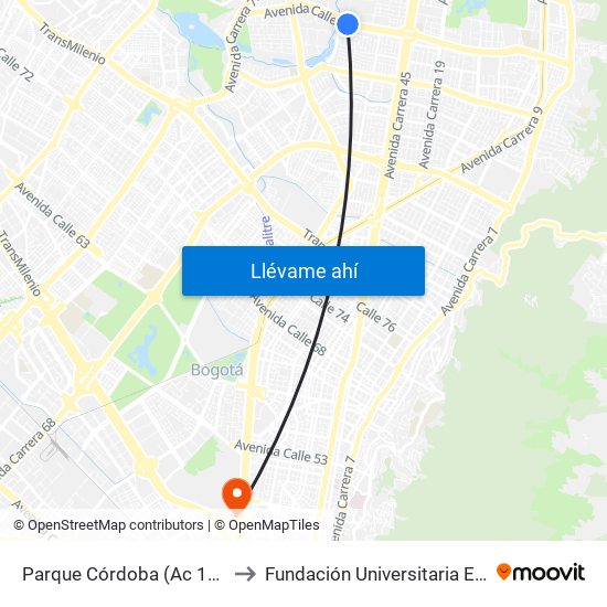 Parque Córdoba (Ac 127 - Kr 54) to Fundación Universitaria Empresarial map