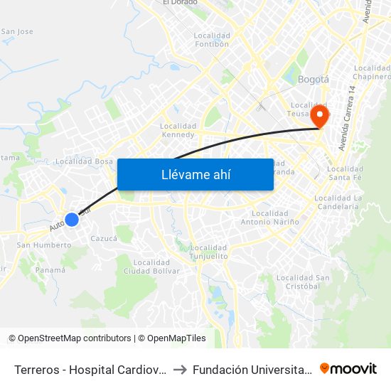 Terreros - Hospital Cardiovascular (Lado Sur) to Fundación Universitaria Empresarial map