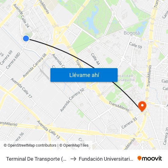 Terminal De Transporte (Cl 22c - Kr 68f) to Fundación Universitaria Empresarial map
