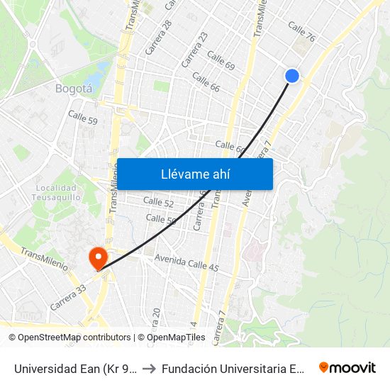 Universidad Ean (Kr 9 - Cl 71) to Fundación Universitaria Empresarial map