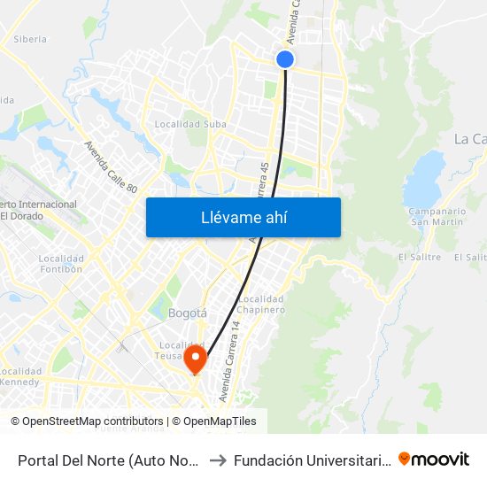 Portal Del Norte (Auto Norte - Cl 172a) (B) to Fundación Universitaria Empresarial map
