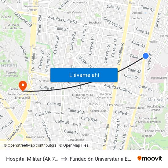 Hospital Militar (Ak 7 - Cl 50) to Fundación Universitaria Empresarial map
