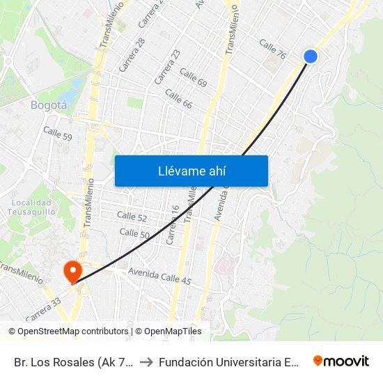 Br. Los Rosales (Ak 7 - Cl 78) to Fundación Universitaria Empresarial map