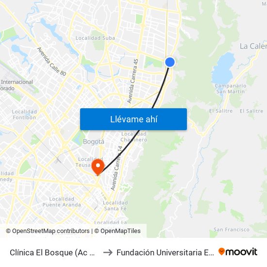 Clínica El Bosque (Ac 134 - Ak 7) to Fundación Universitaria Empresarial map