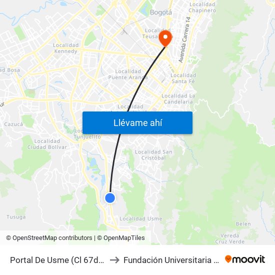 Portal De Usme (Cl 67d Sur - Kr 11) to Fundación Universitaria Empresarial map