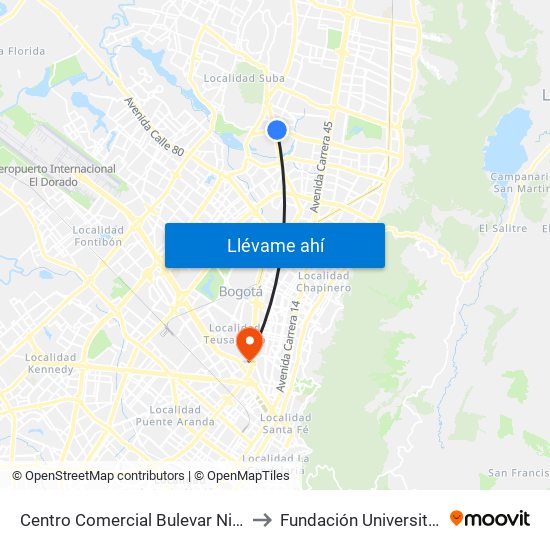 Centro Comercial Bulevar Niza (Ac 127 - Av. Suba) to Fundación Universitaria Empresarial map