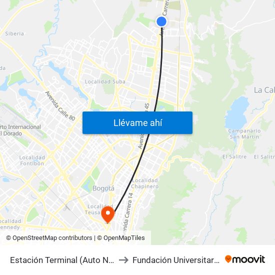 Estación Terminal (Auto Norte - Cl 191) (A) to Fundación Universitaria Empresarial map