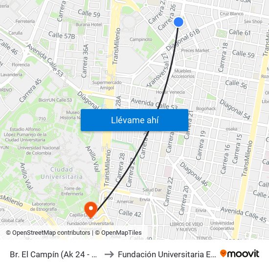 Br. El Campín (Ak 24 - Cl 61d Bis) to Fundación Universitaria Empresarial map