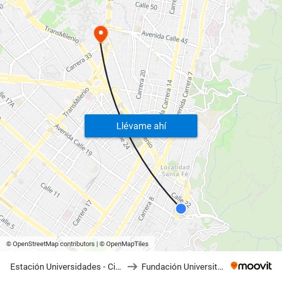 Estación Universidades (Kr 3 - Cl 20) (B) to Fundación Universitaria Empresarial map