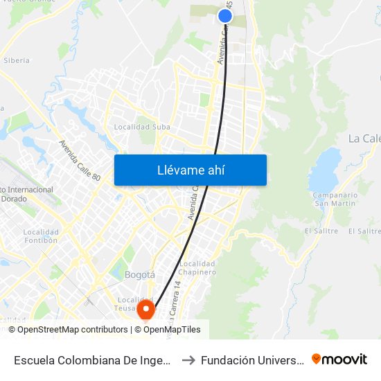 Escuela Colombiana De Ingeniería (Auto Norte - Cl 205) to Fundación Universitaria Empresarial map