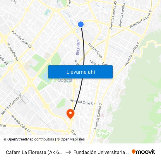 Cafam La Floresta (Ak 68 - Cl 98) (A) to Fundación Universitaria Empresarial map