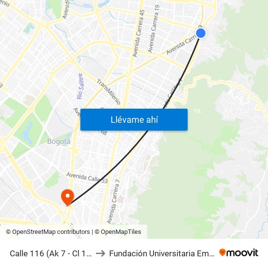 Calle 116 (Ak 7 - Cl 116) (A) to Fundación Universitaria Empresarial map