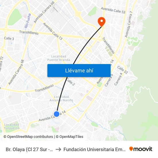 Br. Olaya (Cl 27 Sur - Kr 16) to Fundación Universitaria Empresarial map