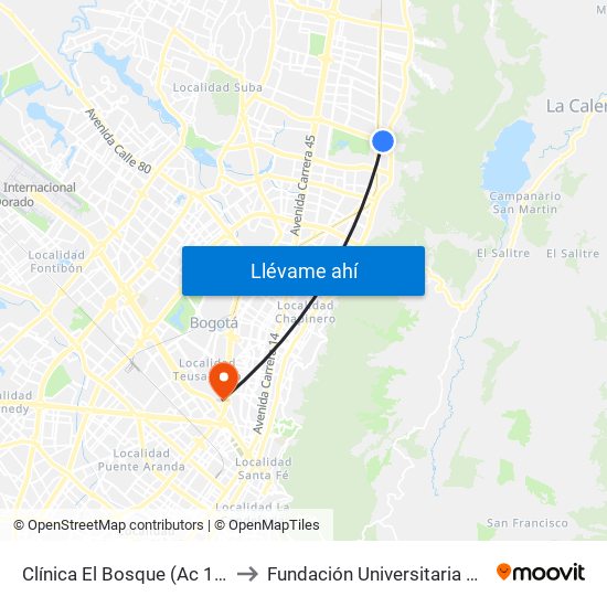 Clínica El Bosque (Ac 134 - Kr 7a) to Fundación Universitaria Empresarial map