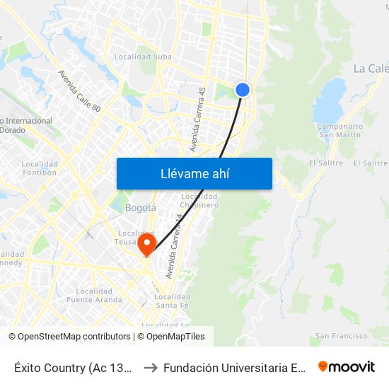 Éxito Country (Ac 134 - Kr 9b) to Fundación Universitaria Empresarial map