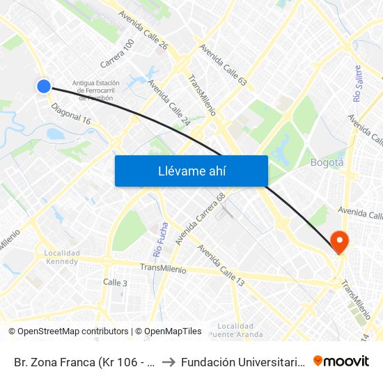 Br. Zona Franca (Kr 106 - Av. Centenario) to Fundación Universitaria Empresarial map