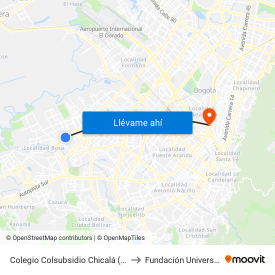 Colegio Colsubsidio Chicalá (Av. C. De Cali - Dg 52a Sur) to Fundación Universitaria Empresarial map