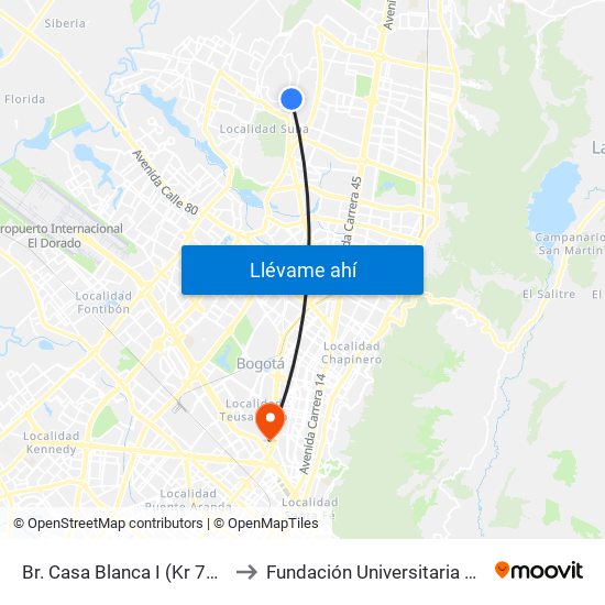 Br. Casa Blanca I (Kr 76 - Cl 146c) to Fundación Universitaria Empresarial map