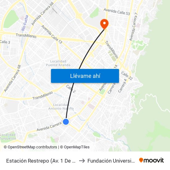 Estación Restrepo (Av. 1 De Mayo - Av. Caracas) (A) to Fundación Universitaria Empresarial map