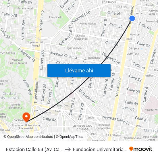 Estación Calle 63 (Av. Caracas - Cl 60) to Fundación Universitaria Empresarial map