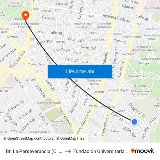 Br. La Perseverancia (Cl 32 - Kr 4 Bis) to Fundación Universitaria Empresarial map