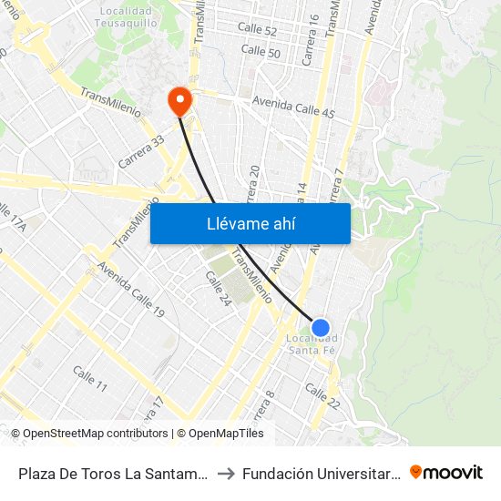 Plaza De Toros La Santamaría (Kr 5 - Cl 26) to Fundación Universitaria Empresarial map
