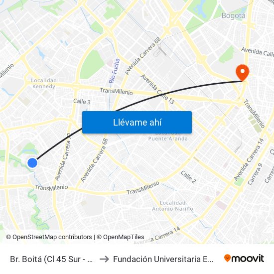 Br. Boitá (Cl 45 Sur - Kr 72m) to Fundación Universitaria Empresarial map