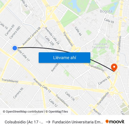 Colsubsidio (Ac 17 - Ak 68) to Fundación Universitaria Empresarial map
