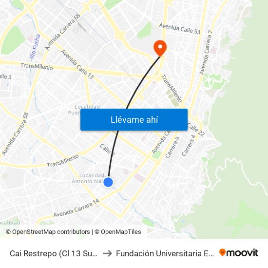 Cai Restrepo (Cl 13 Sur - Kr 18a) to Fundación Universitaria Empresarial map