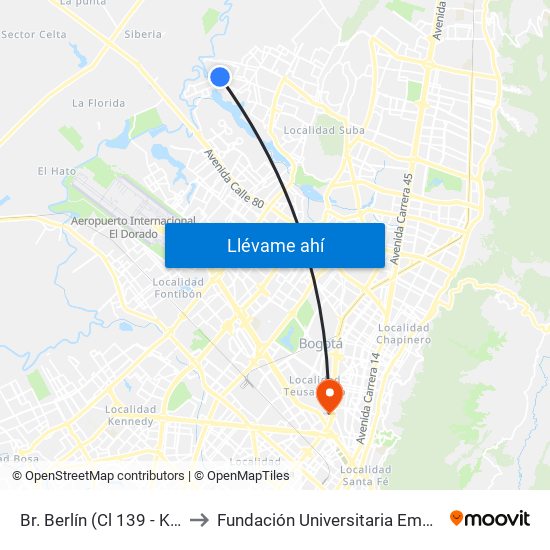 Br. Berlín (Cl 139 - Kr 147) to Fundación Universitaria Empresarial map