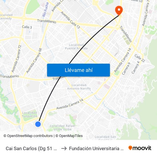 Cai San Carlos (Dg 51 Sur - Kr 18) to Fundación Universitaria Empresarial map