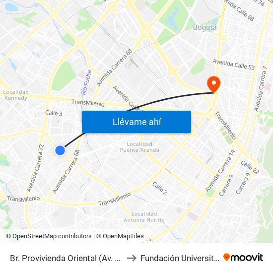 Br. Provivienda Oriental (Av. 1 De Mayo - Kr 68h) (A) to Fundación Universitaria Empresarial map