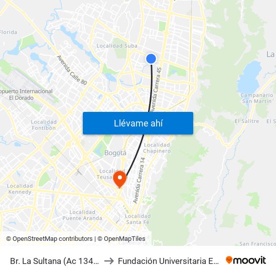 Br. La Sultana (Ac 134 - Kr 53b) to Fundación Universitaria Empresarial map