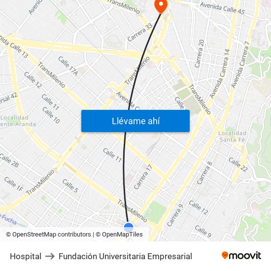 Hospital to Fundación Universitaria Empresarial map