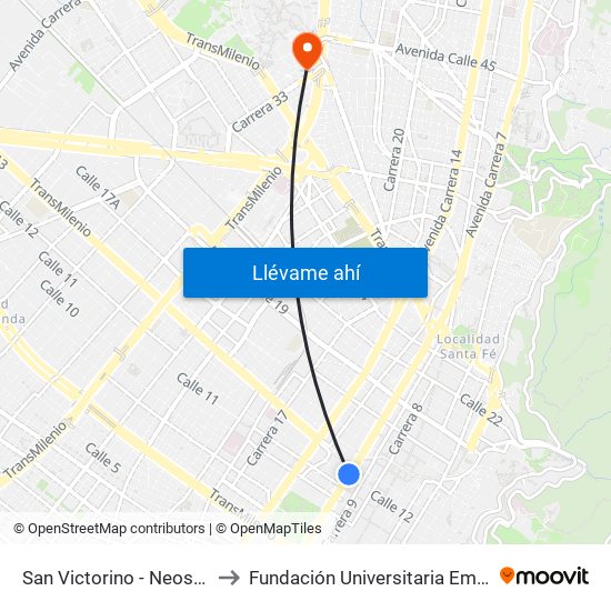 San Victorino - Neos Centro to Fundación Universitaria Empresarial map