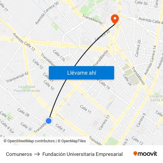 Comuneros to Fundación Universitaria Empresarial map