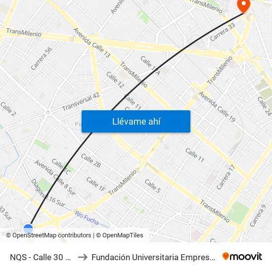 NQS - Calle 30 Sur to Fundación Universitaria Empresarial map