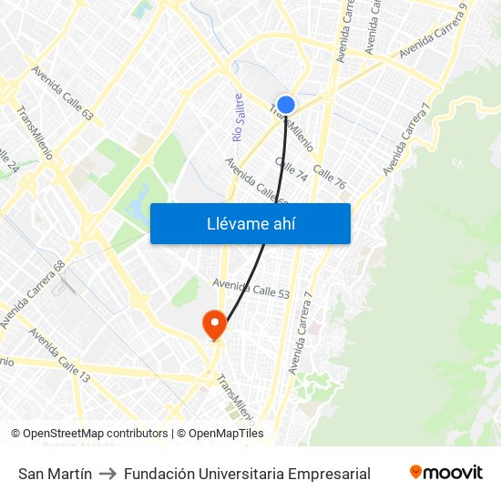 San Martín to Fundación Universitaria Empresarial map