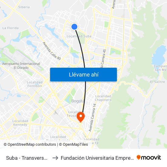 Suba - Transversal 91 to Fundación Universitaria Empresarial map