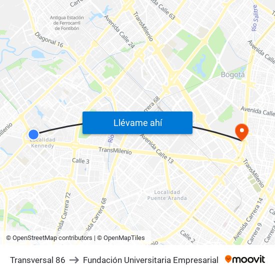 Transversal 86 to Fundación Universitaria Empresarial map