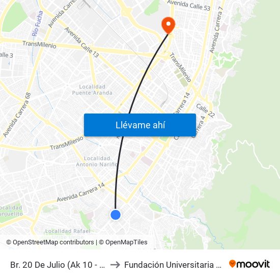 Br. 20 De Julio (Ak 10 - Cl 27a Sur) to Fundación Universitaria Empresarial map