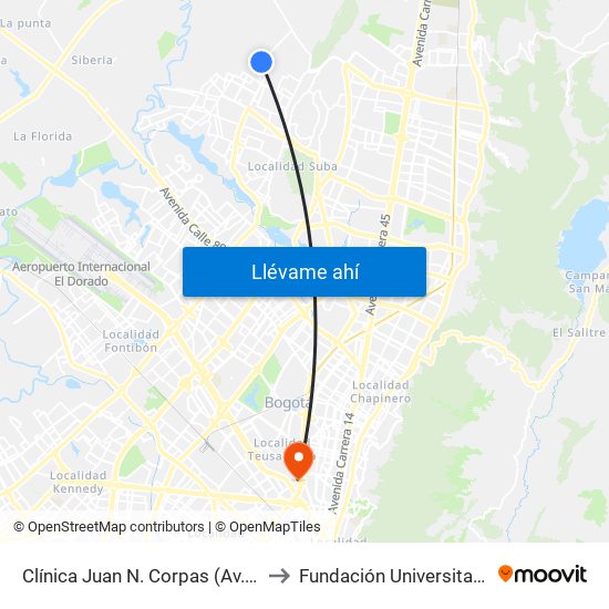 Clínica Juan N. Corpas (Av. Corpas - Cl 159a) to Fundación Universitaria Empresarial map